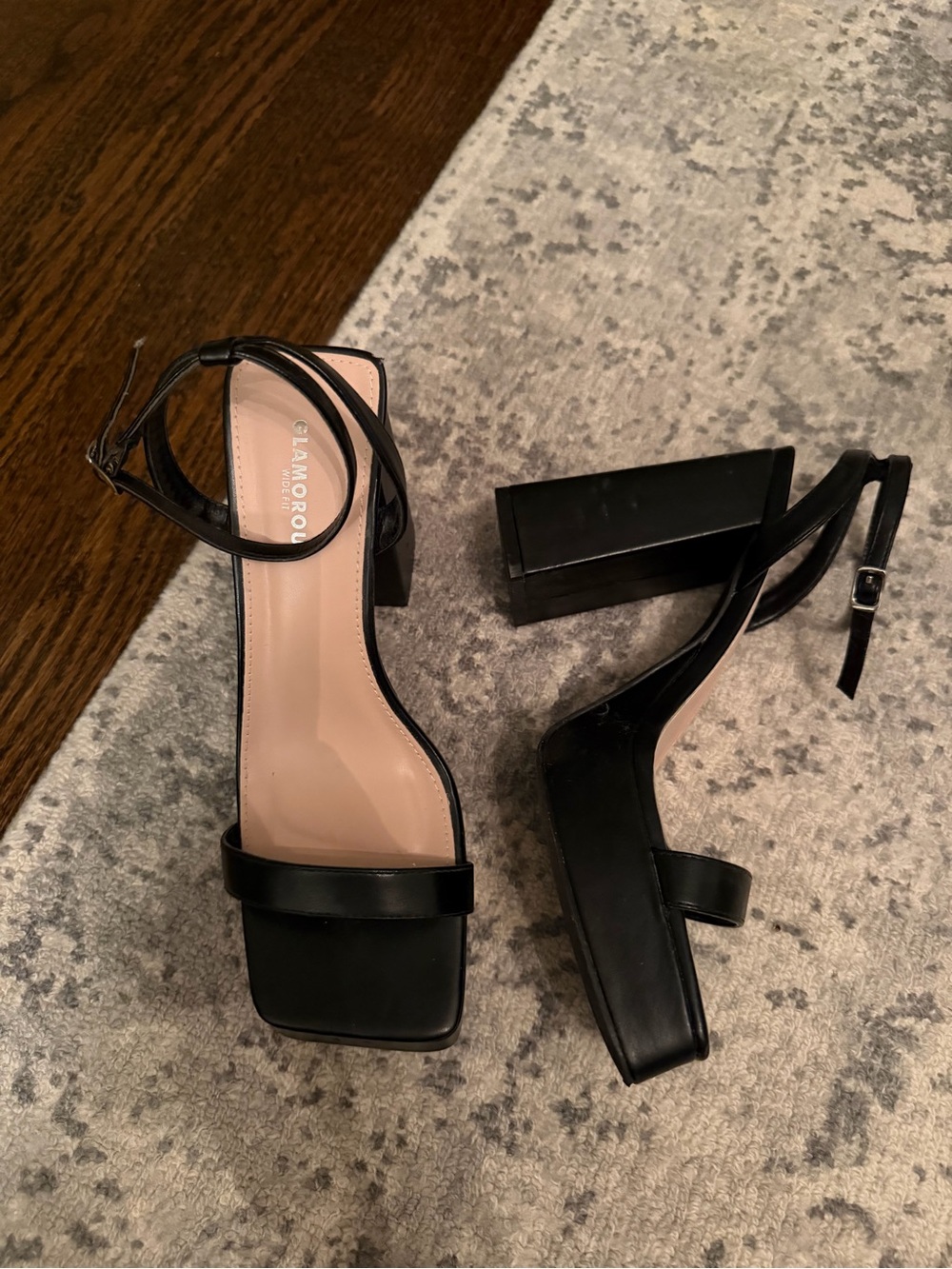 Glamorous Black Square-Toe Ankle-Strap Block Heels